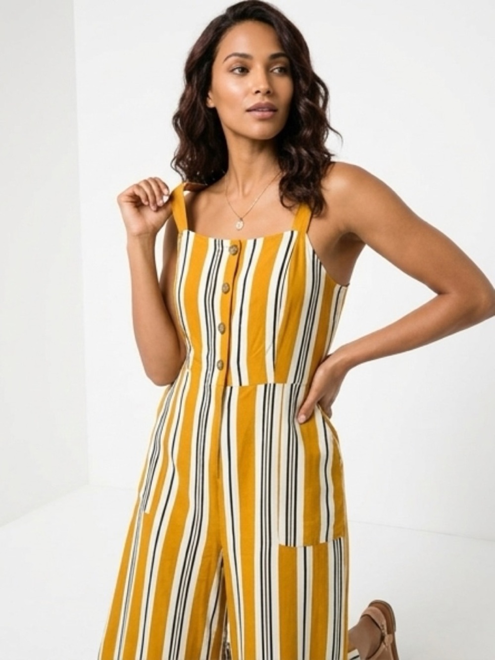 Nine West Striped Mustard Wide-Leg Jumpsuit with Button Front